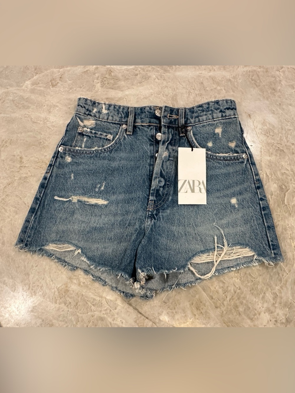 ZARA Distressed High-Rise Denim Shorts NWT